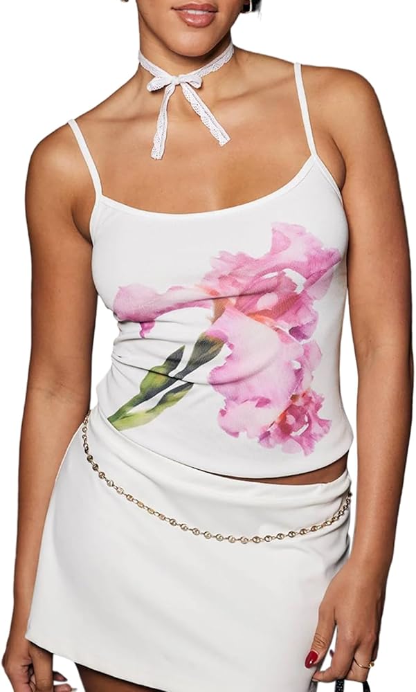 Women Spaghetti Strap Floral Print Tank Top Camisole Tight Fitted