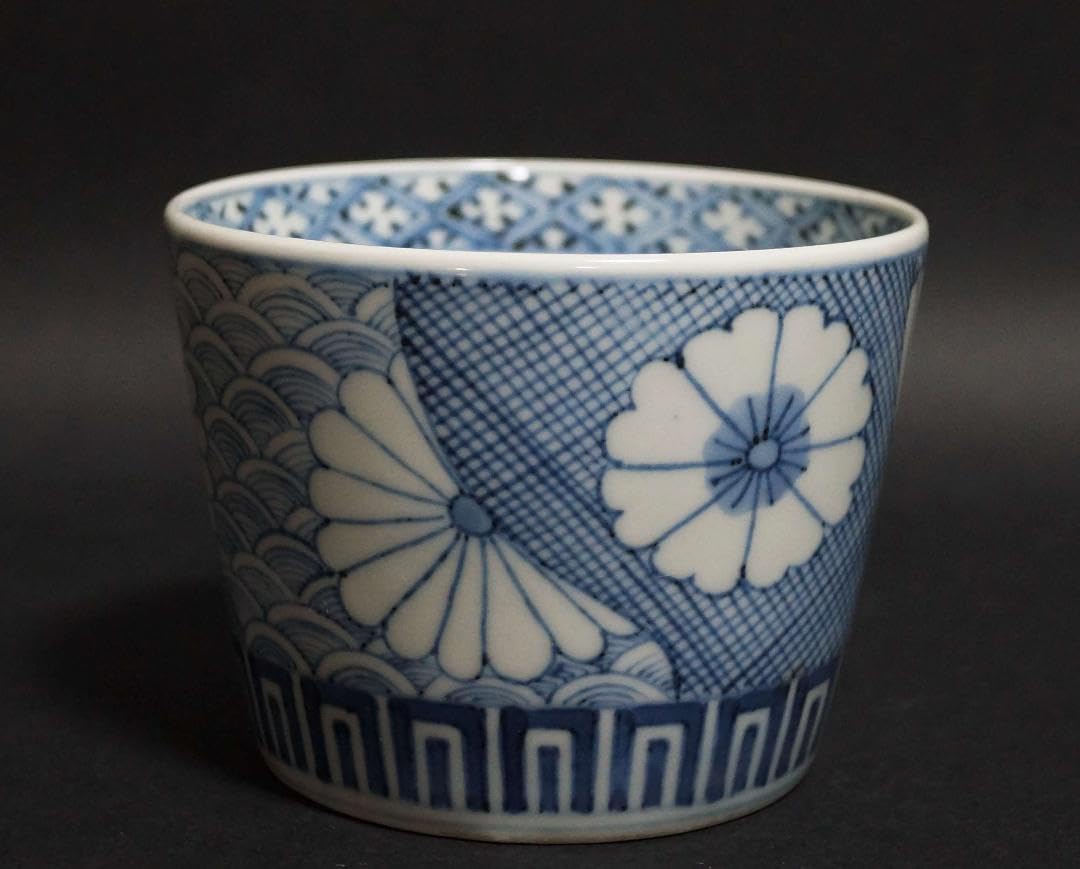 富士山噴火の図 古伊万里蕎麦猪口 伊万里染付 楼閣山水図蕎麦猪口5客