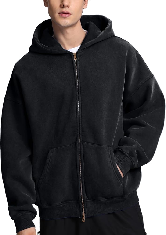 FAIABLE Mens Womens Double Zip Up Hoodie Oversized Acid Wash