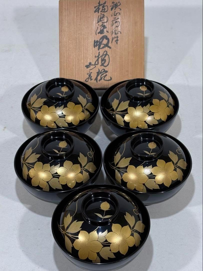 ◇506◇椿蒔絵 仙才吸物椀 木製漆器 平安堂 造 己ん典 作 五客 懐石