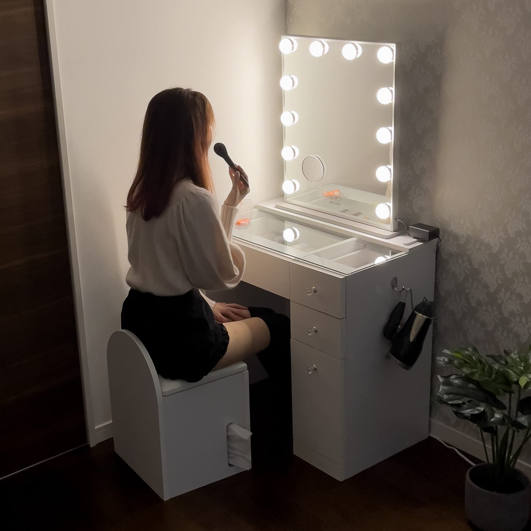Amazon｜女優ミラー付 ドレッサー 化粧台 鏡台 椅子付き コンセント付