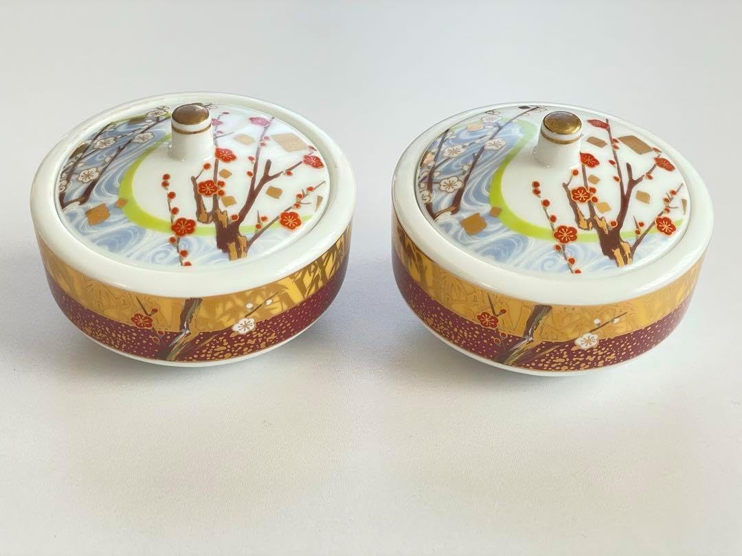 前畑陶器 庫山窯 牡丹唐草色絵金襴 蓋付き御椀揃 4客