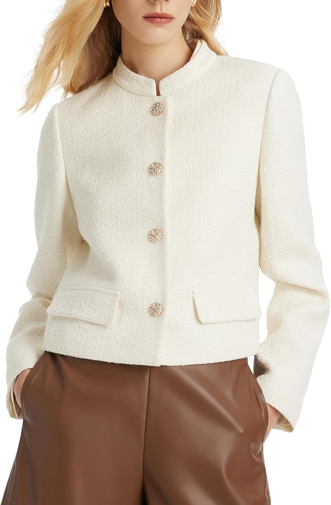 GOELIA White Tweed Blazer Jackets for Women Stand Collar Short