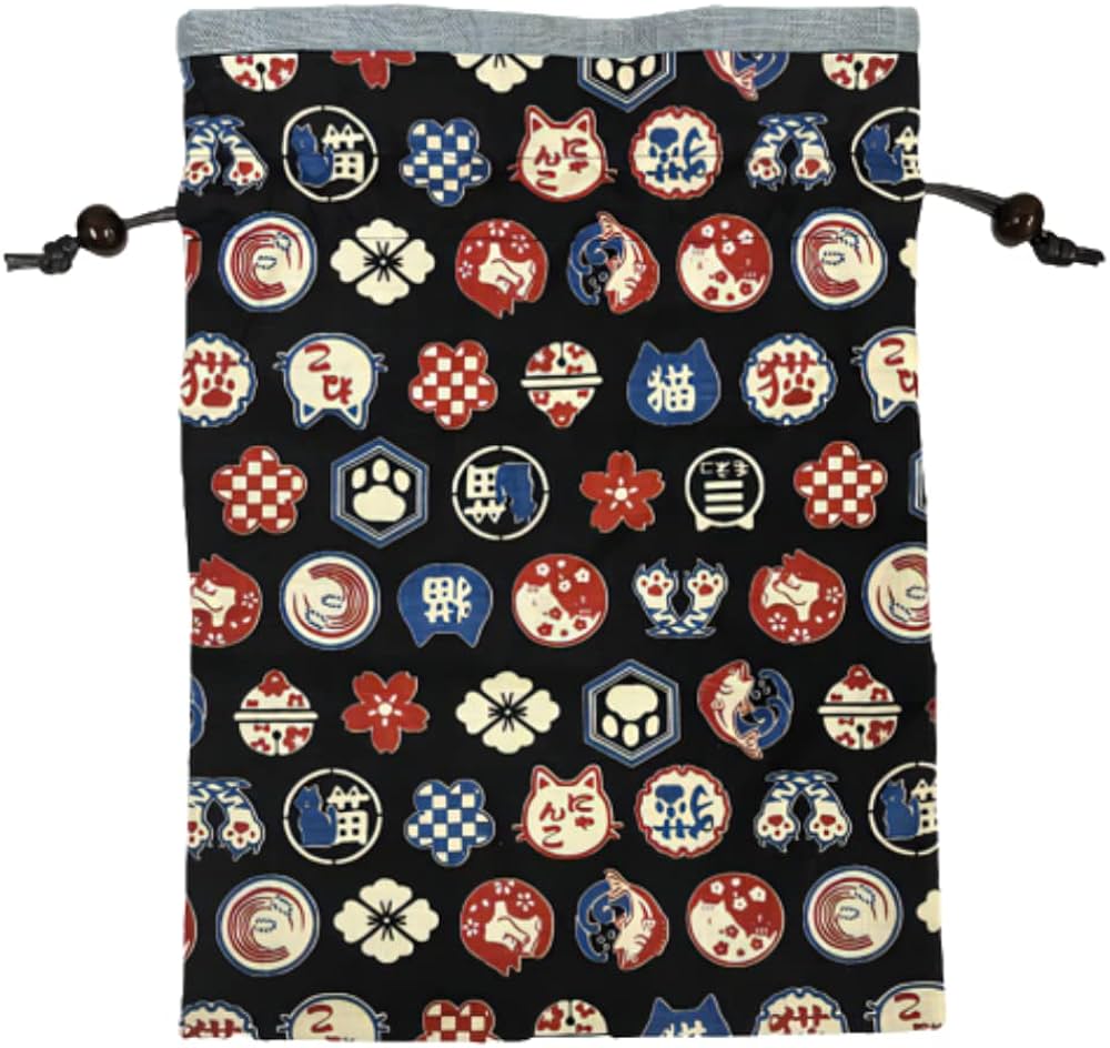 Amazon | 手作り工房FUJITA 巾着袋 裏地付き 和柄 紺 猫 ハンドメイド