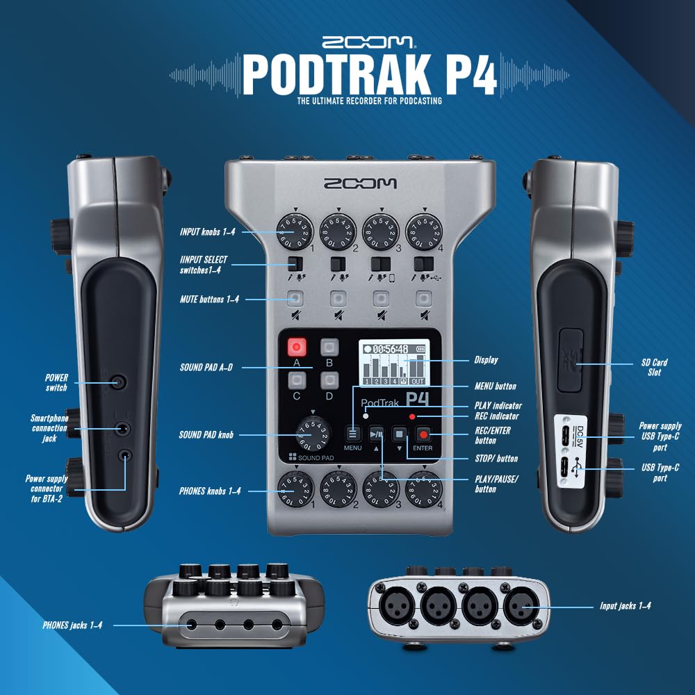 Amazon.com: Zoom PodTrak P4 Portable Multitrack Podcast Recorder