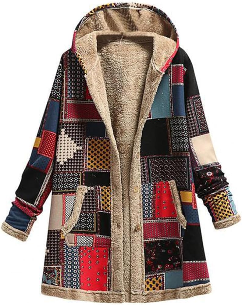 Women's Winter Ethnic Style Patchwork Sherpa Fleece Lined Hooded
