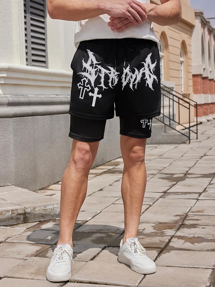 SHENHE Men's Graphic Shorts with Liner Y2K Cross Print Drawstring