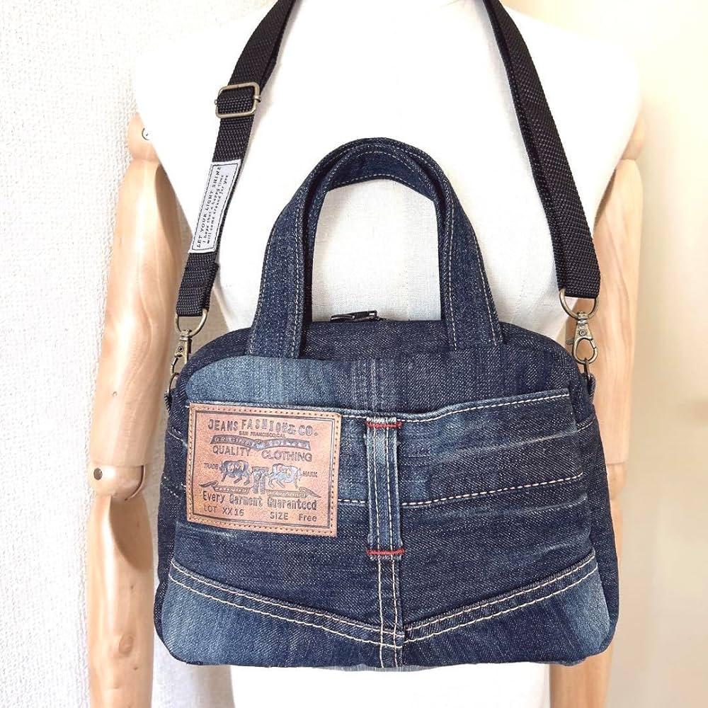 Amazon.co.jp: ショルダーベルト付きデニムリメイクミニボストンバッグ