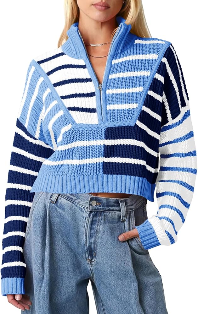 Saodimallsu Womens Striped Cropped Sweater Color Block Zip Up Long