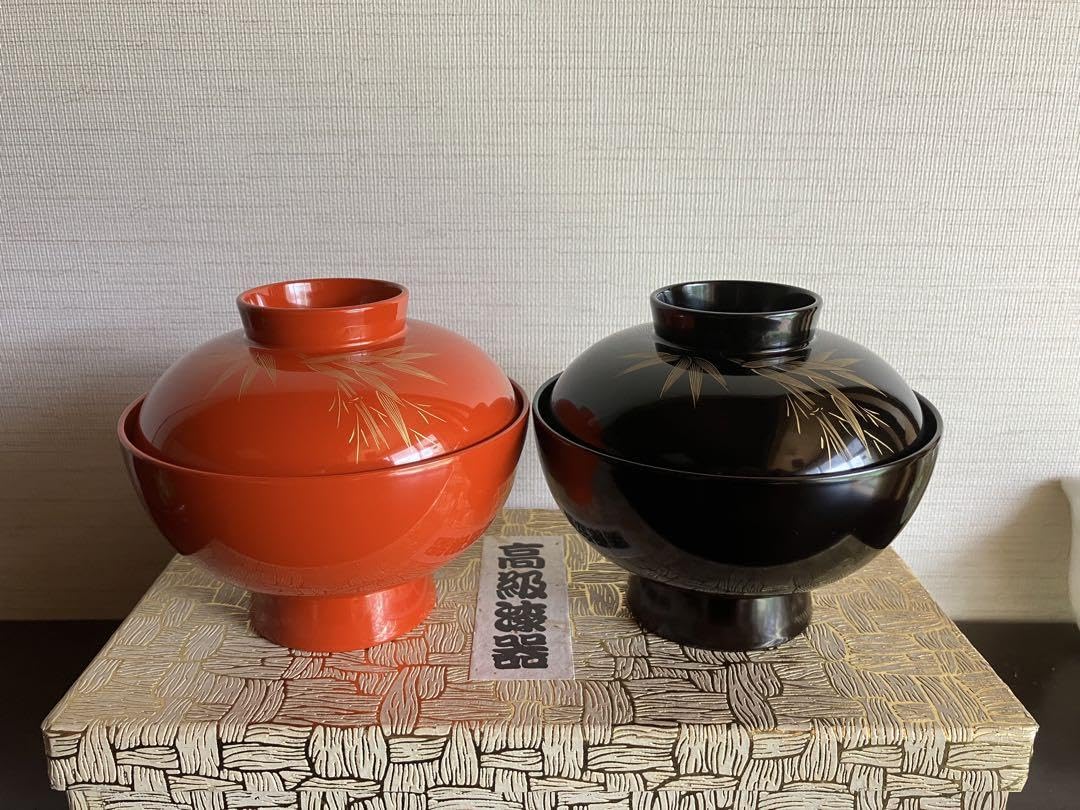 Amazon.co.jp: 輪島塗 沈金 竹 夫婦椀 蓋付お椀 お椀 汁椀 吸物椀 2客
