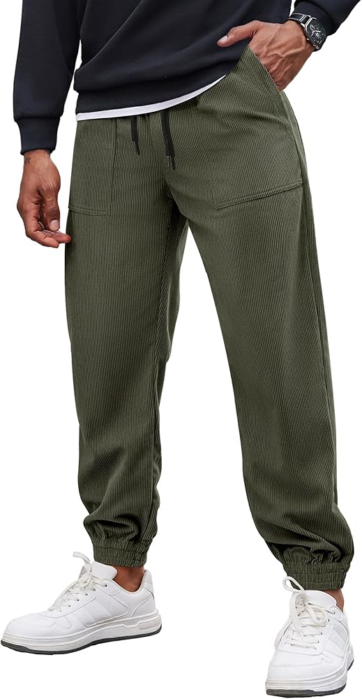COOFANDY Corduroy Pants Mens Elastic Waist Drawstring Tapered