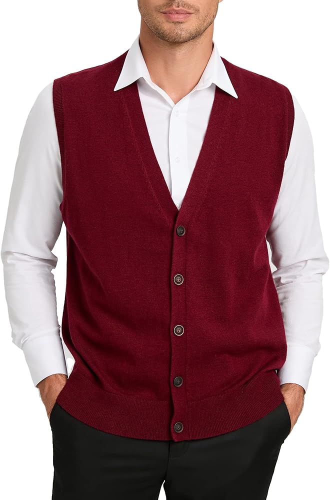 KALLSPIN Men's Wool Blend Button Down Sweater Vest V-Neck Knit