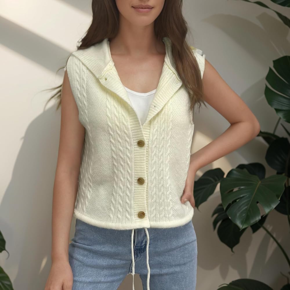 Amazon.com: Velius Women Knit Button Down Drawstring Sweater Vest