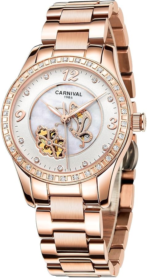 Amazon.co.jp: Luxury Women 's自動自動機械腕時計カレンダーローズ