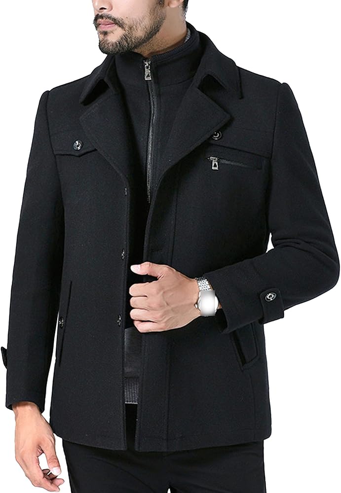 Generic Men'S Wool Blend Pea Coat Warm Winter Zipper Trench Coats