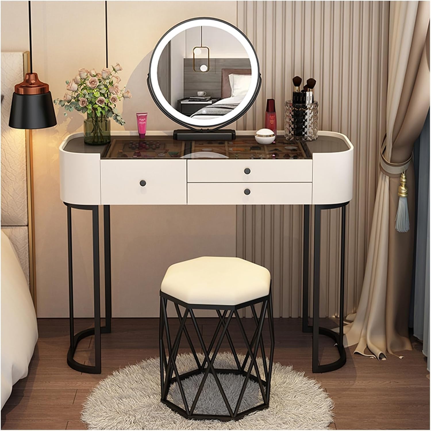 組立式ドレッシングテーブル ミラー・スツール付き MDF 素材 寝室に