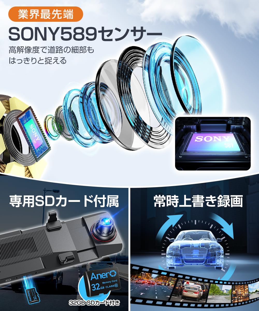 Amazon.co.jp: ドライブレコーダー ミラー型 【4K画質・12インチ大画面