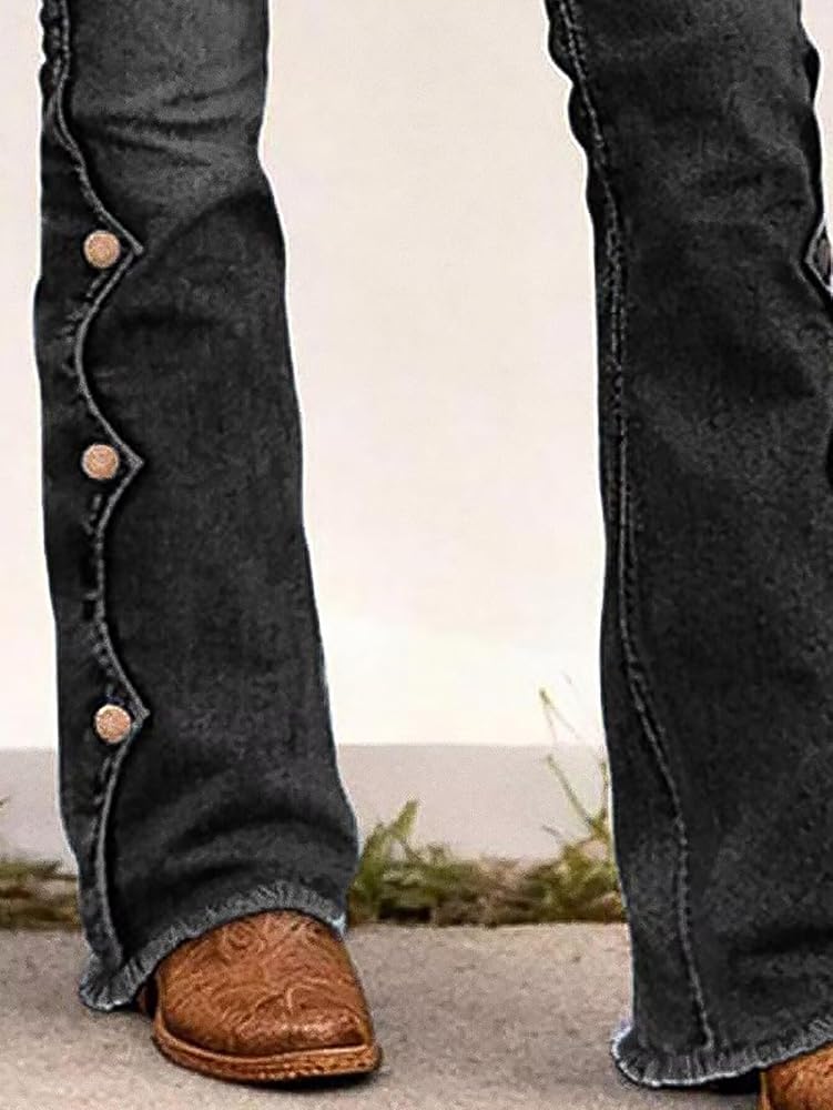 Flamingals Women's Buttoned Hem Bootcut Jeans Without Belt Mid