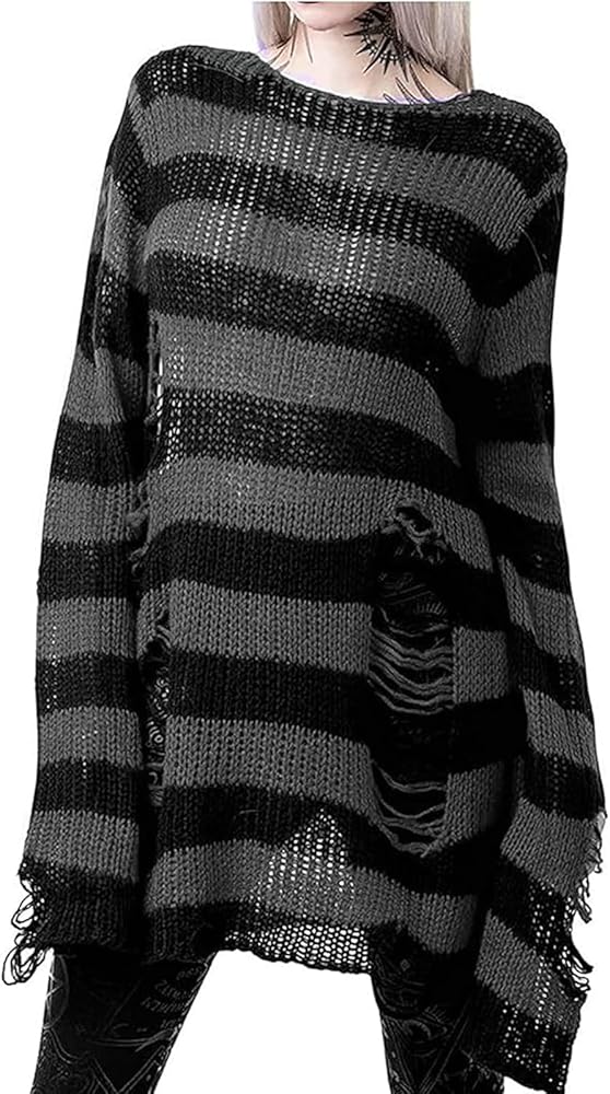 Women Y2K Striped Ripped Grunge Sweater Tops Oversized Long Sleeve