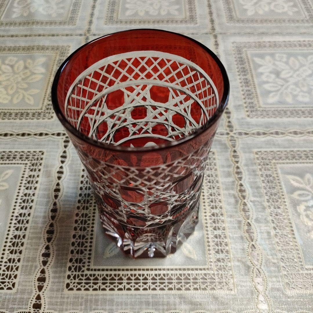 ヤマザキガラス 薩摩切子 南蛮赤 矢来籠目菊透かし紋 水割りグラス