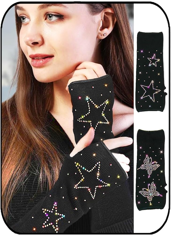 Formery Star Fingerless Gloves Black Rhinestone Glove Sparkly