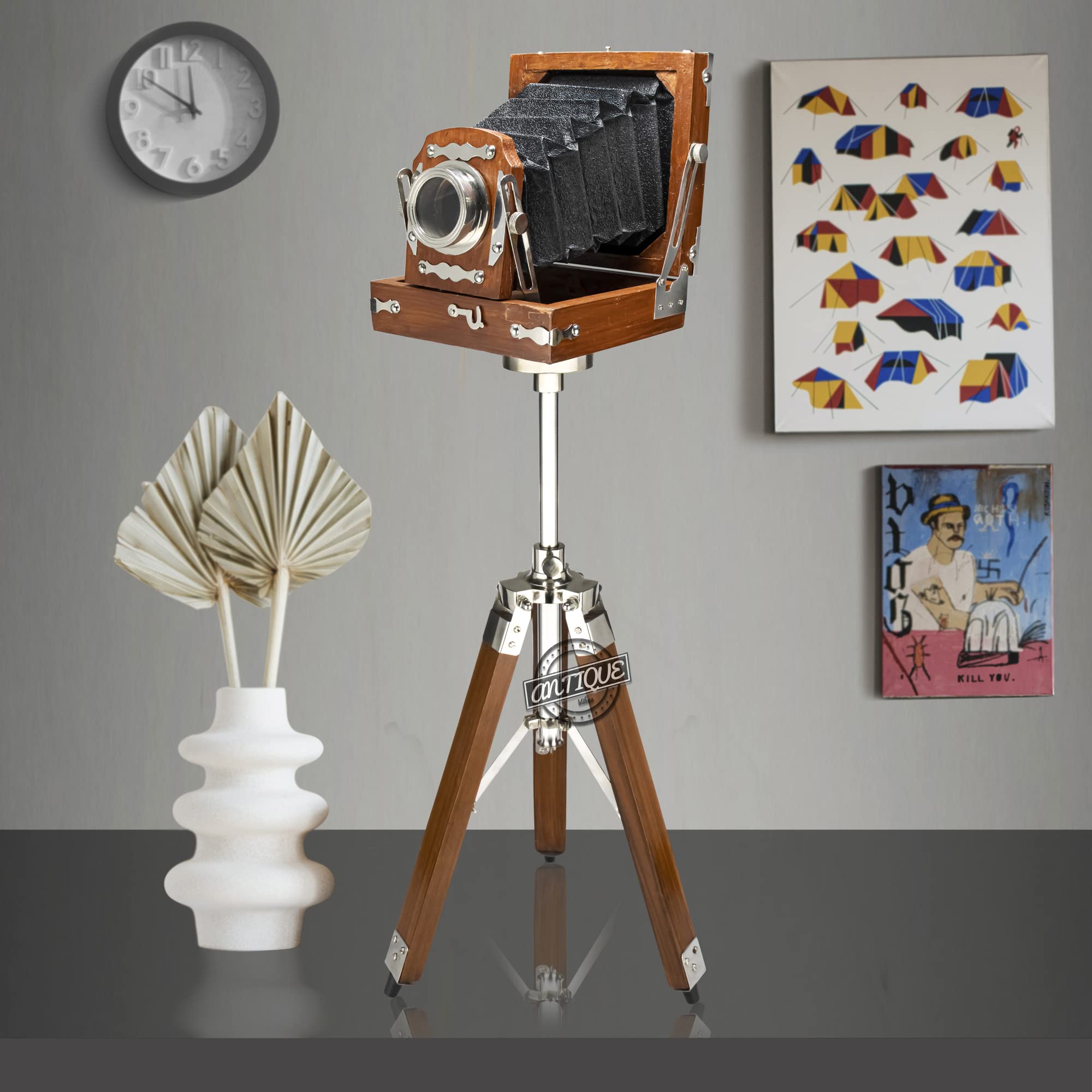 Amazon | 古いヴィンテージ風木製カメラ 三脚スタンド付き クラシック