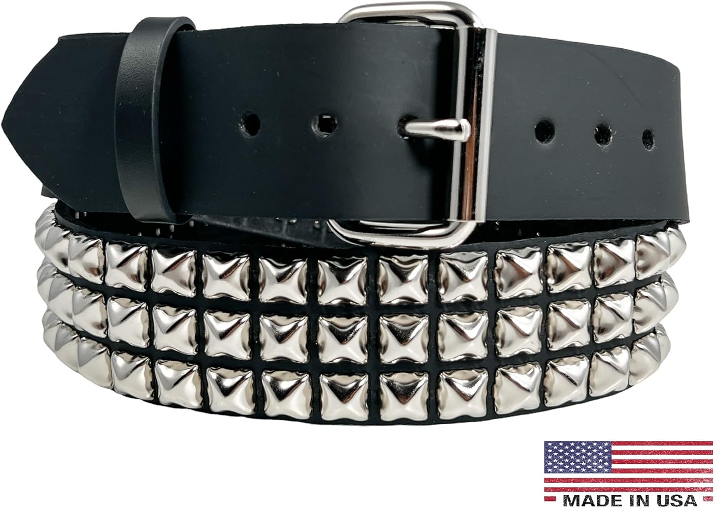 Funk Plus Three Row Pyramid Stud Belt Made In USA Genuine Leather