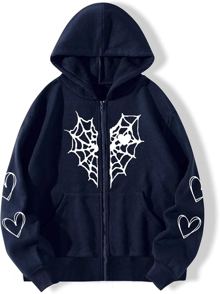 Kelabia Gothic Spider Web Graphic Hoodies Grunge Y2K Skeleton Zip