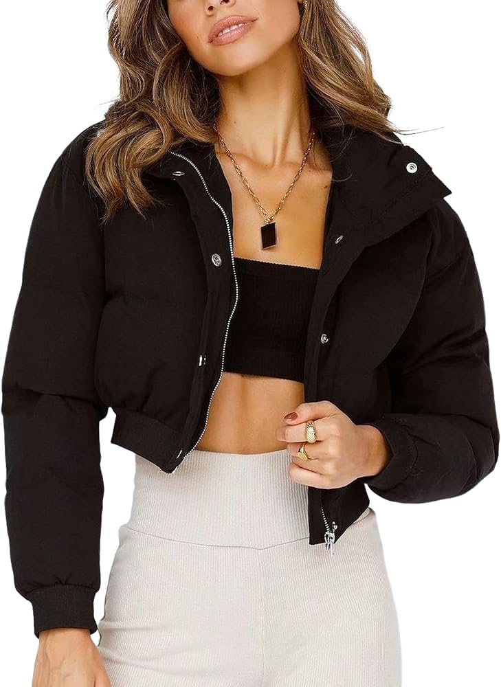 Lianlive Cropped Puffer Jacket Womens Zip Up Black Crop Puffy