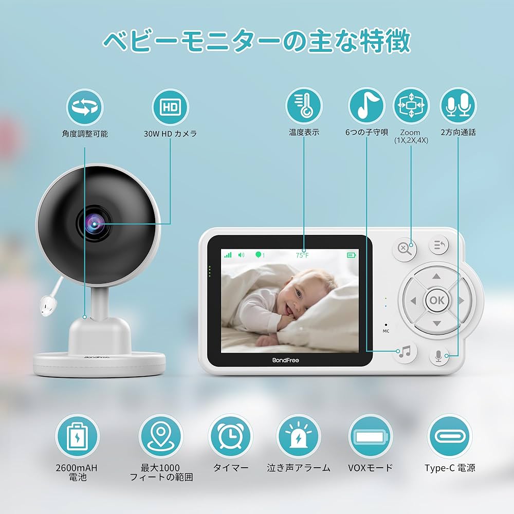 Amazon.co.jp: BondFree ベビーモニター 2600mAH バッテリー 2.8