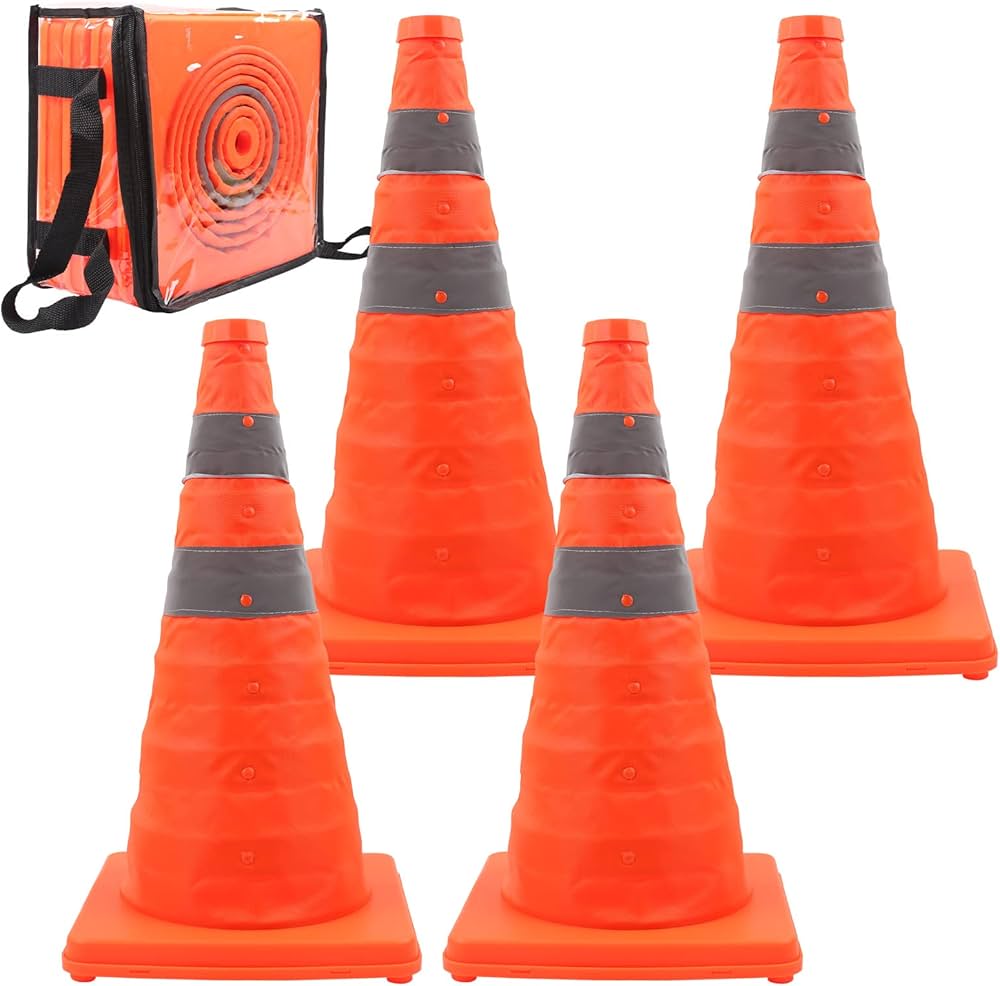 Amazon | 4個入り折りたたみ三角コーン 伸縮式カラーコーン 高さ450mm