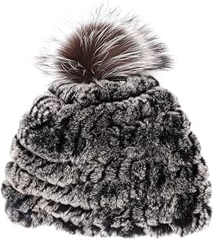 Amazon.com: surell - Rex Rabbit Fur Textile Knit Beanie with Fox