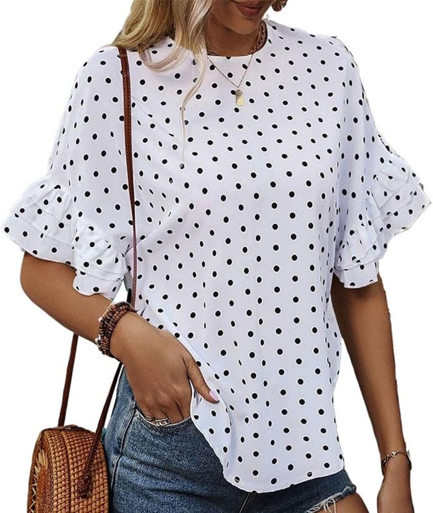 Amazon.com: Women's Polka Dots Ruffle Short Sleeve Business Casual