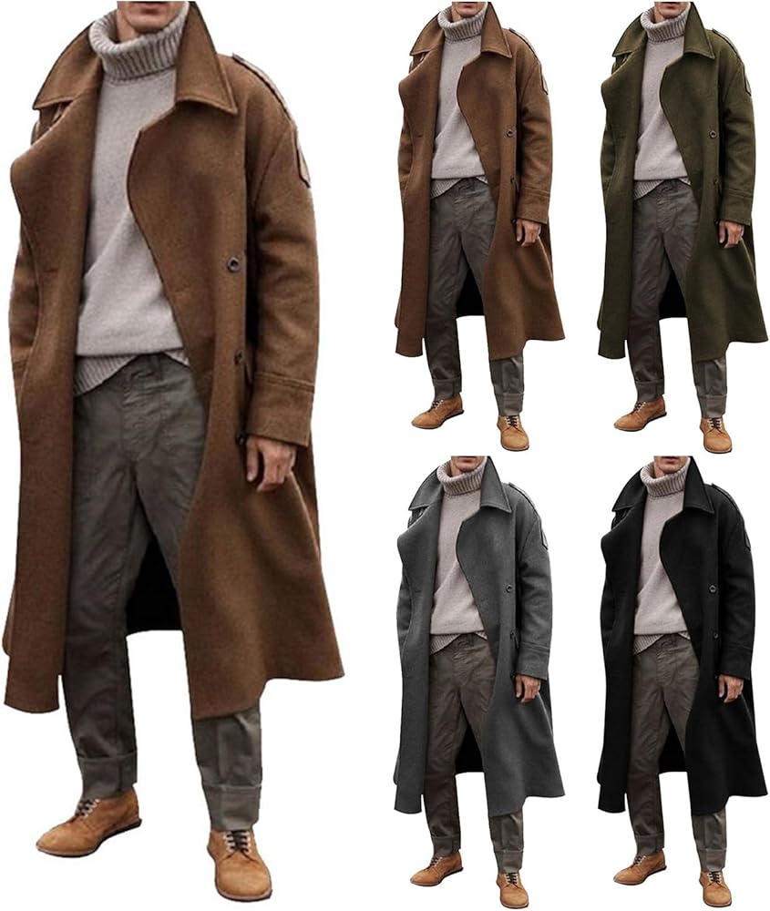 Long Trench Coat Men Wool Blend Trench Coat Lapel Collar Single