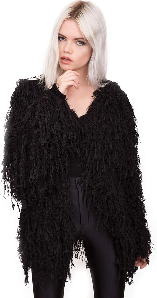 Women's Fringe Shaggy Faux Fur Open Jacket Cardigan Small Black at