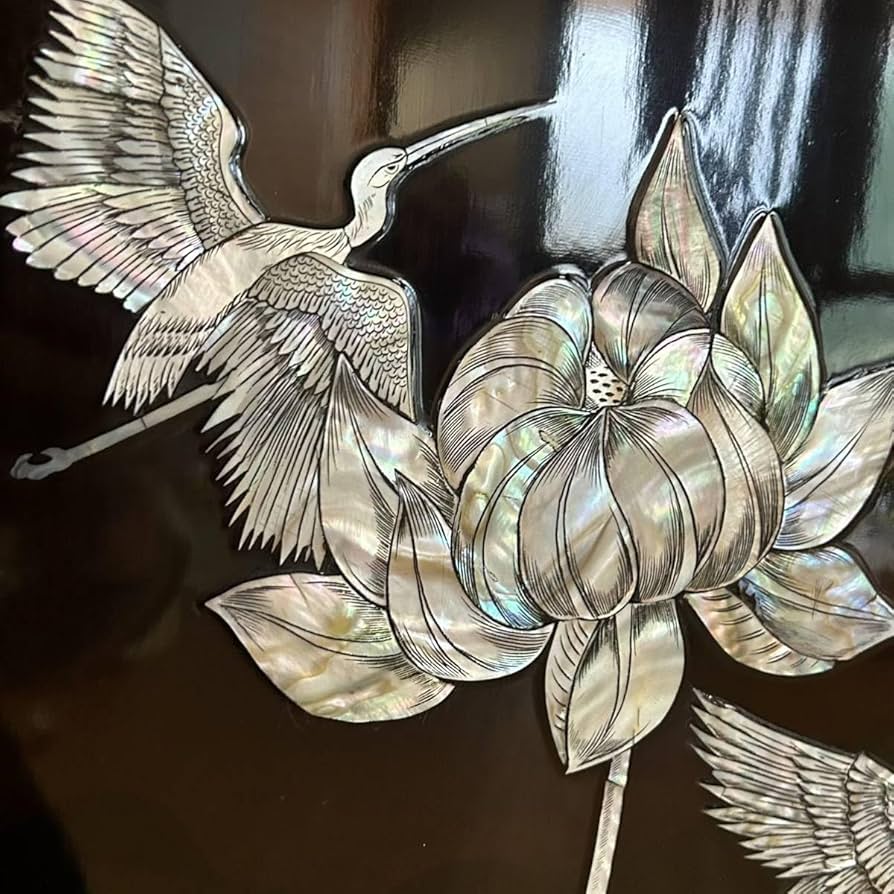 Amazon｜衝立 金屏風 漆塗り螺鈿細工 4曲1双 鶴 蓮の花 品 骨董品