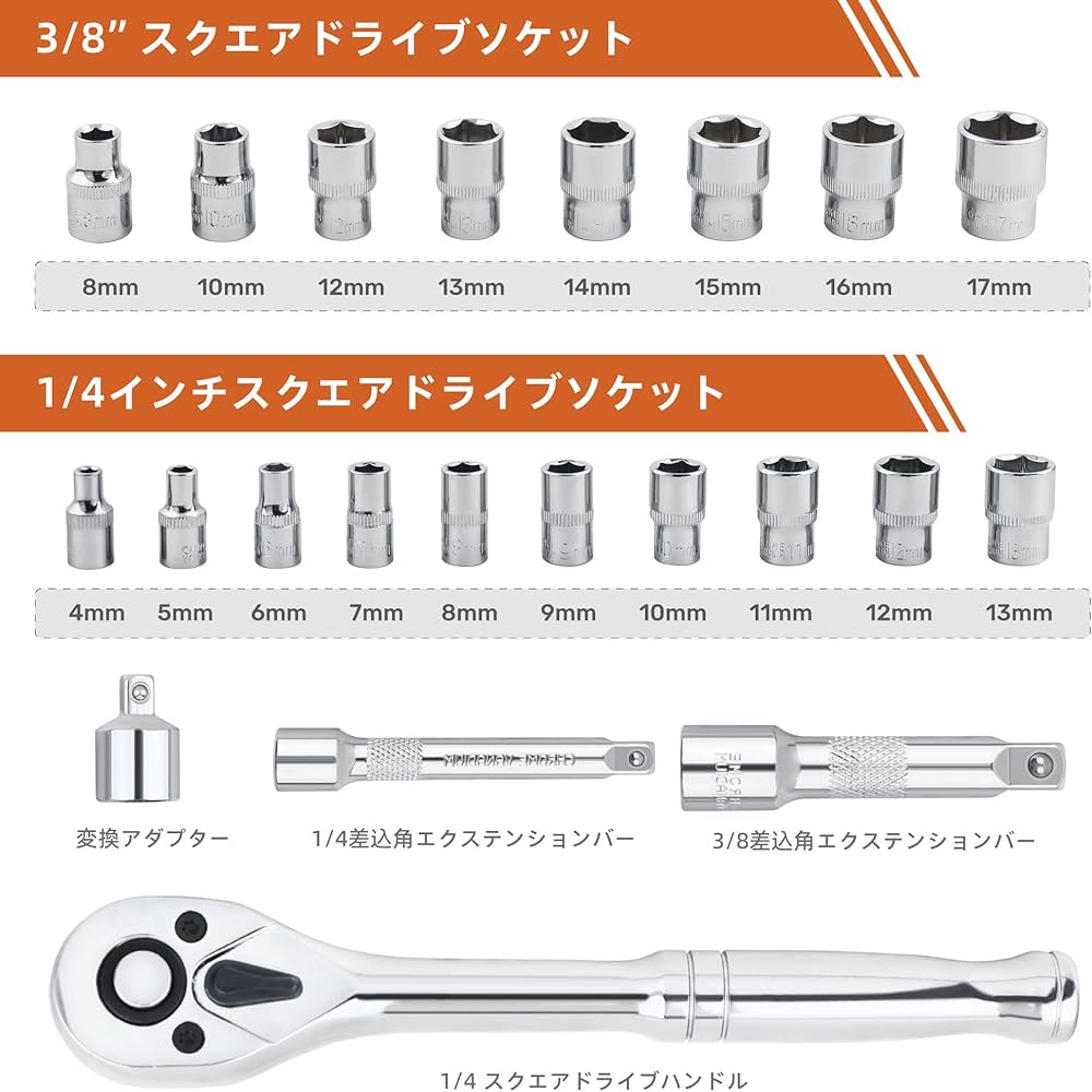 Amazon | Hi-Spec 22点 ソケットレンチセット メトリック 1/4インチ＆3