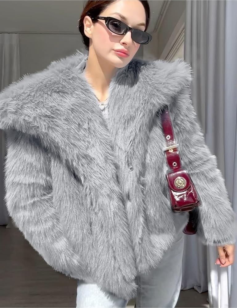 COZYPOIN Womens Faux Fur Jacket Fluffy Fur Coat Cropped Long