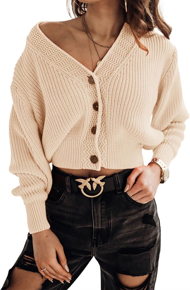 Febriajuce Women's Long Sleeve V-Neck Button Down Rib Knit Cropped