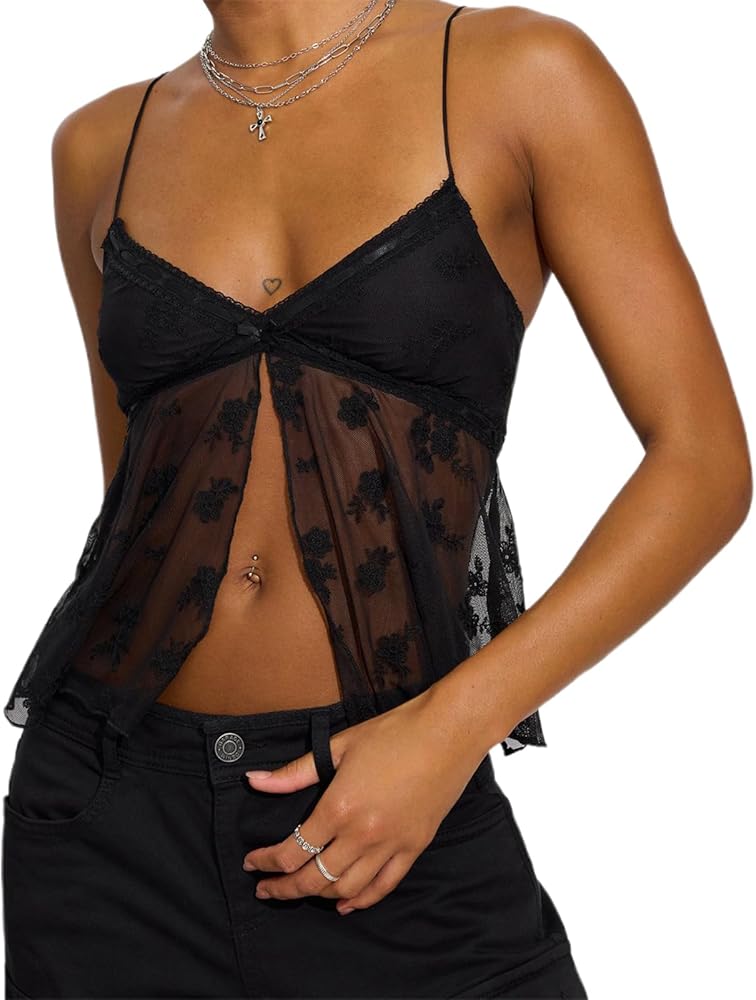 Women Lace Cami See Through Open Back Front Tie Tank Top V Neck