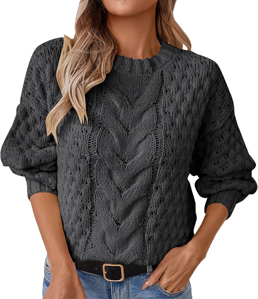 Women's Hollow Out Crochet Chunky Cable Knit Sweater Crew Neck