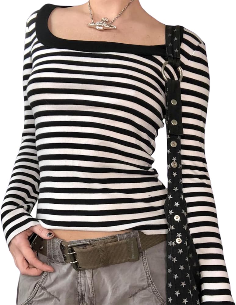 Y2K Grunge Stripe Crop Tops Punk Long Sleeves Blouse Gothic Slim T