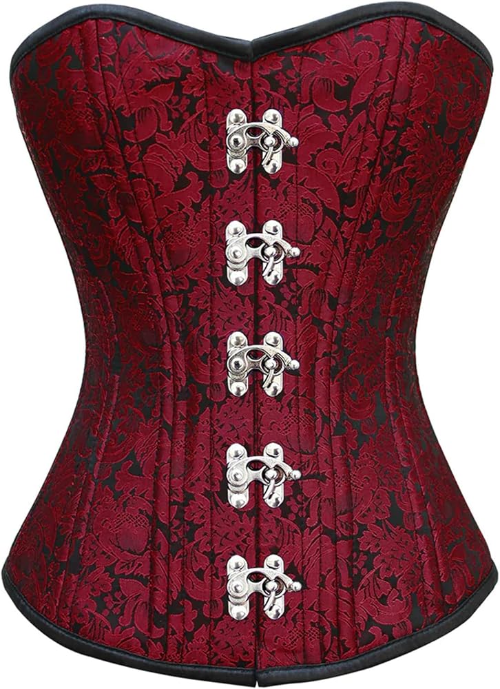 CorsetStreet Women's Red Brocade With Silver Clasps Ribbon Double