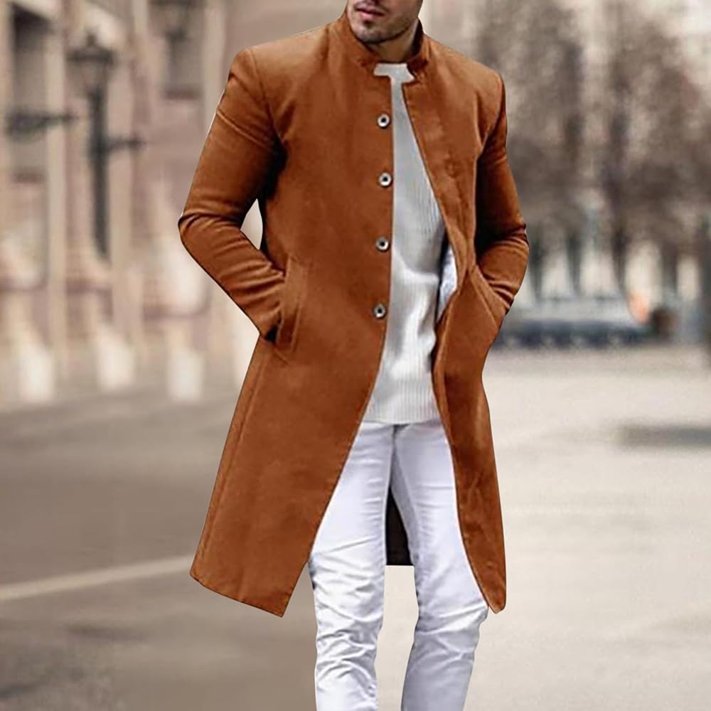 Men's Wool Blend Coat Notched Stand Collar Buttoned Long Sleeve