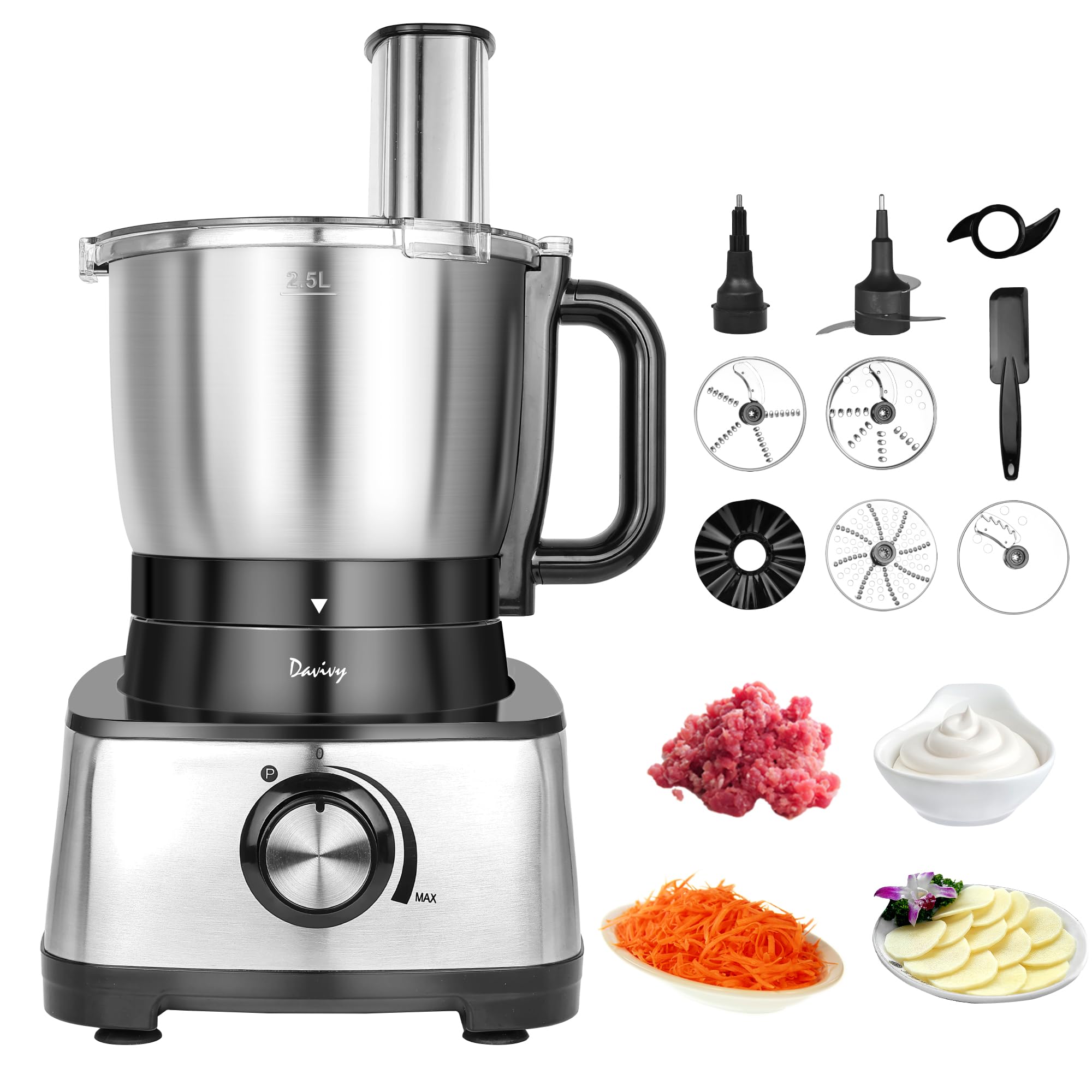 Davivy Food Processor 13 Cup,Stainless Steel Bowl Food Processor,7