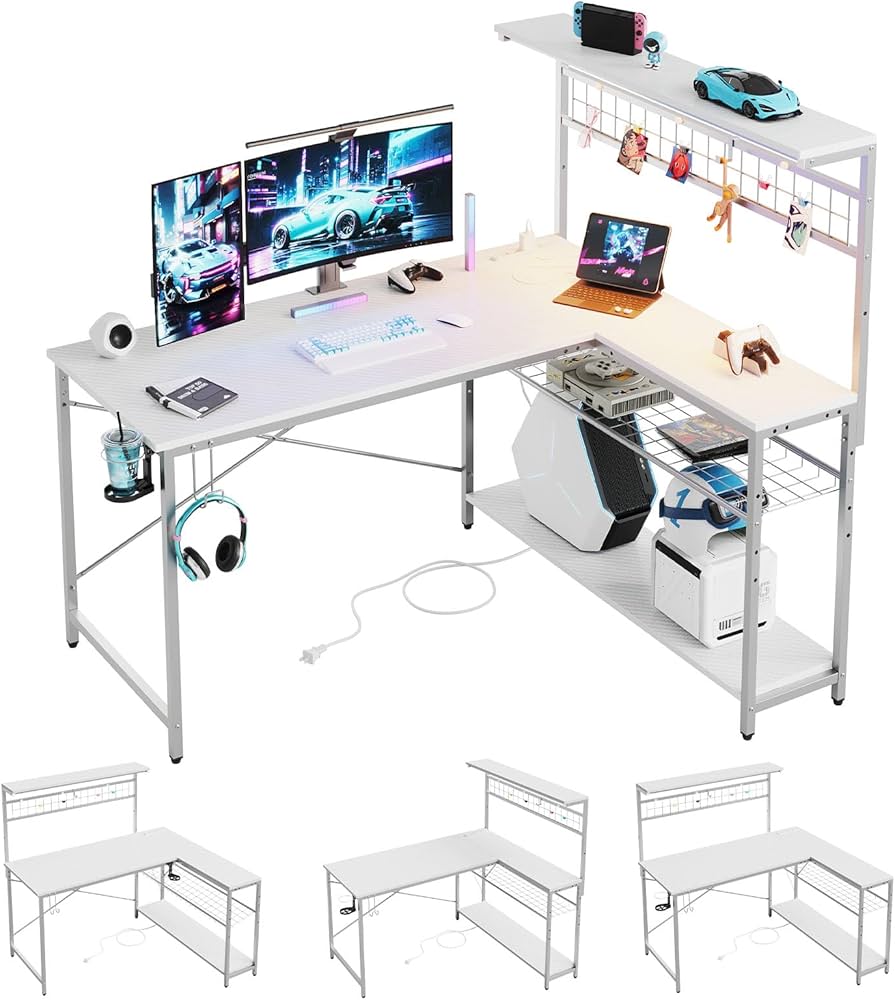 Amazon | Bestier ゲーミングデスク 白 l字デスク 幅130cm コンセント