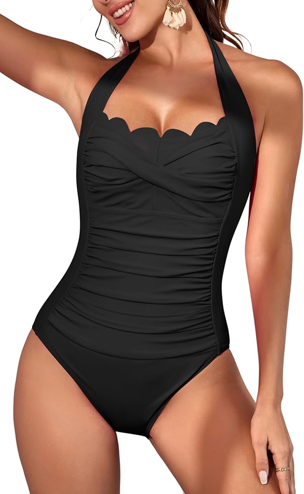 Eomenie Women One Piece Tummy Control Swimsuit Halter Scallop Trim