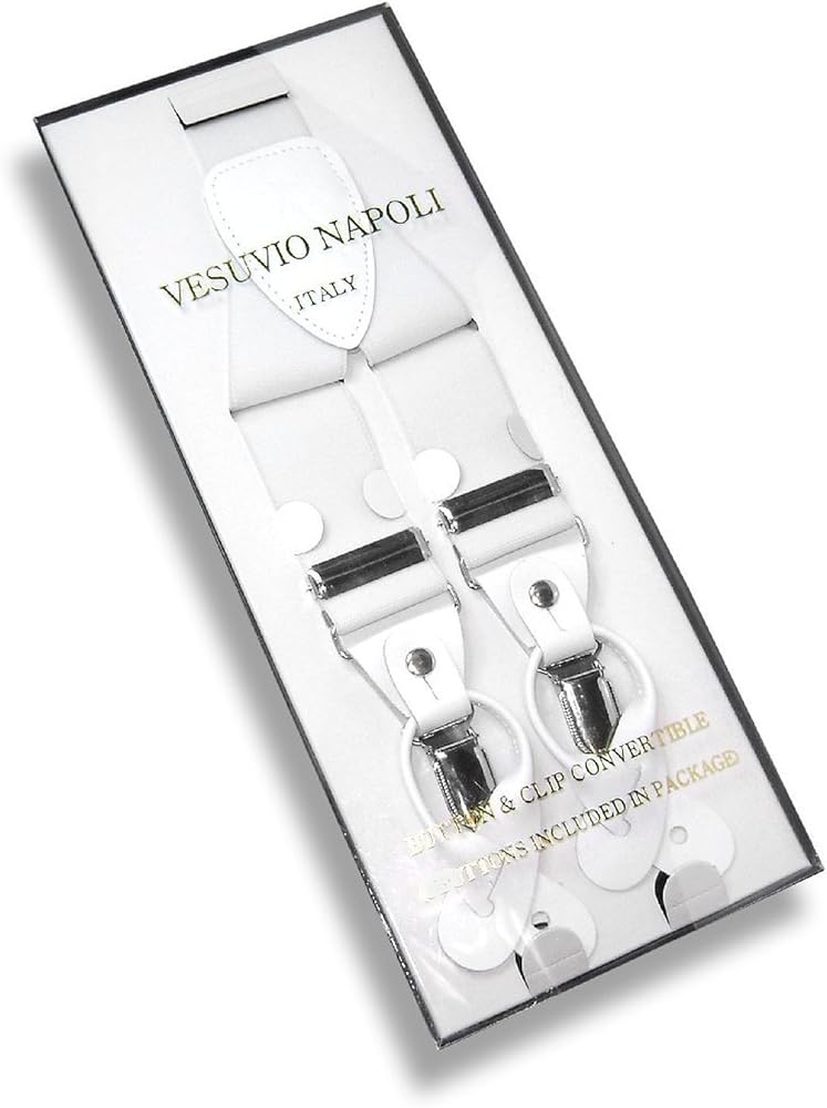 Men's White SUSPENDERS Y Shape Back Elastic Button & Clip