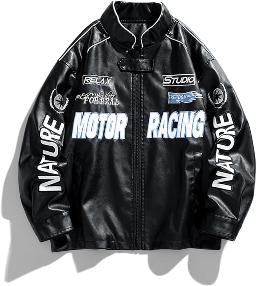 POHADON Mens Varsity Jacket PU Leather Vintage Racing Motor Biker