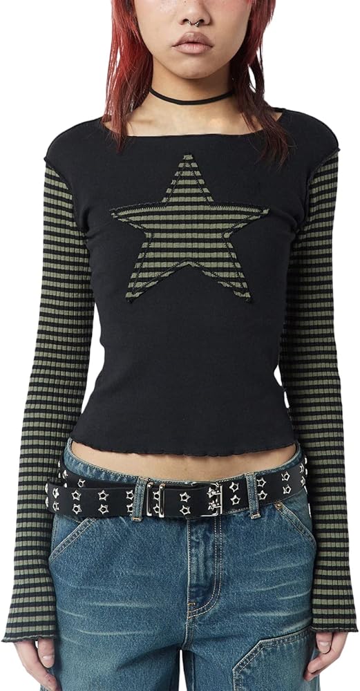 Women Y2K Striped T-Shirt Long Sleeve Crew Neck Star Stripes